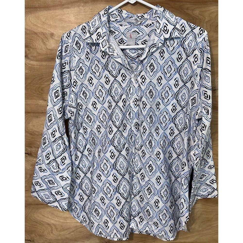 Chico's Women's No Iron Chic Stretch Blouse Button Cotton Shirt Top Sz 12 (2)